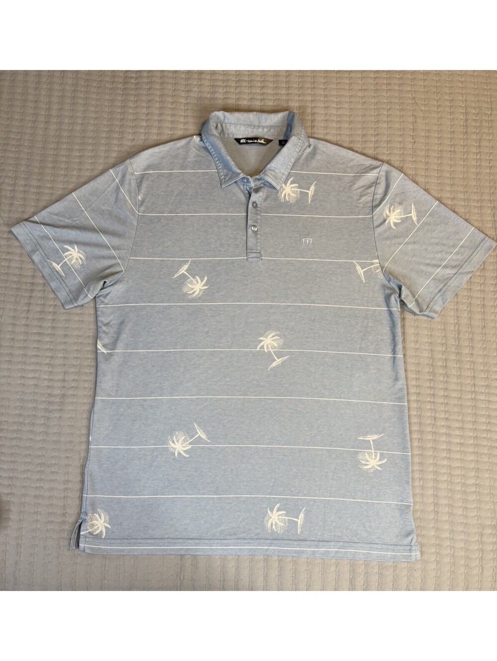 Travis Mathew Polo Shirt Mens XL Blue Palm Tree Stripe Casual Golf